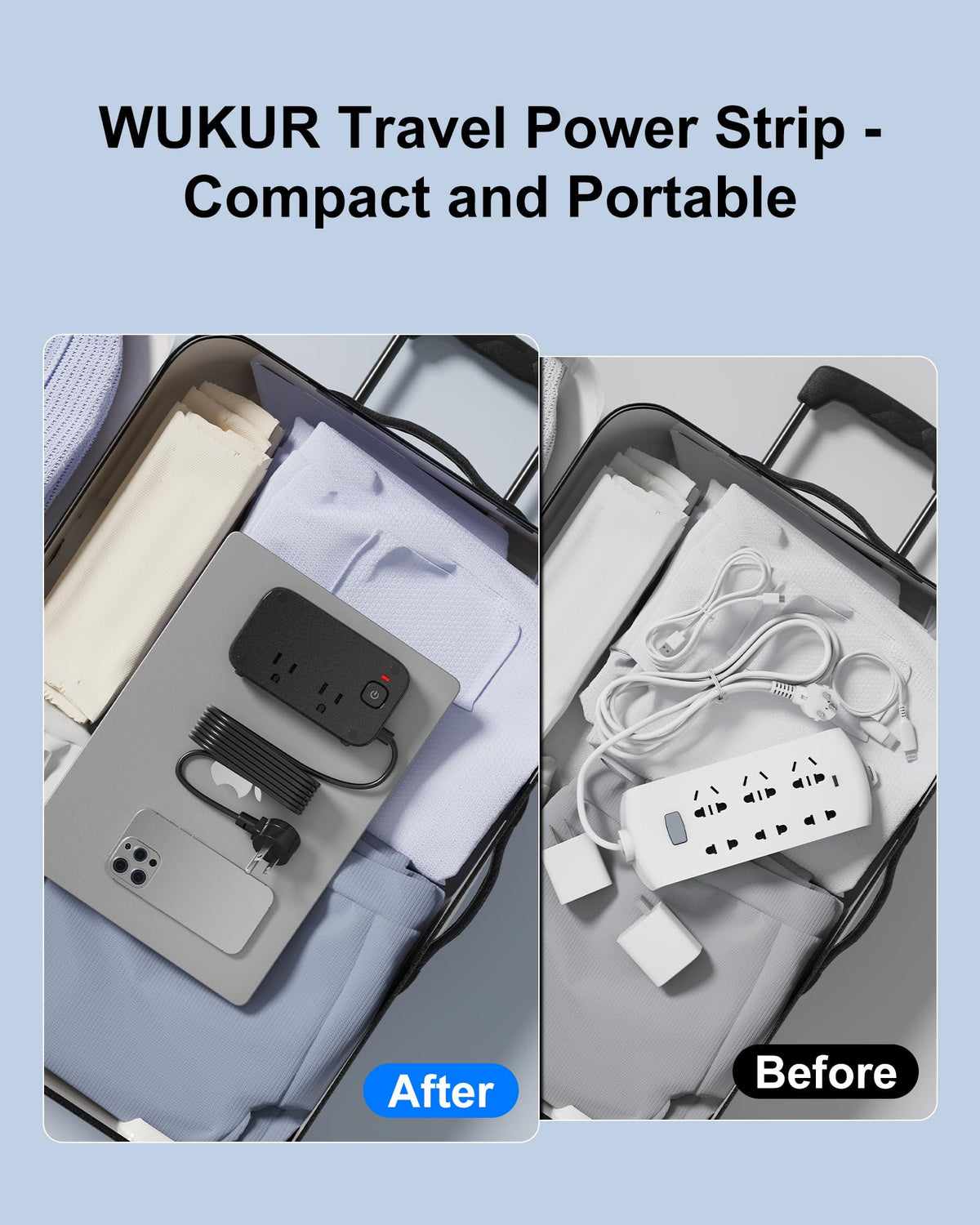 WUKUR slim profile power strip tucked behind furniture