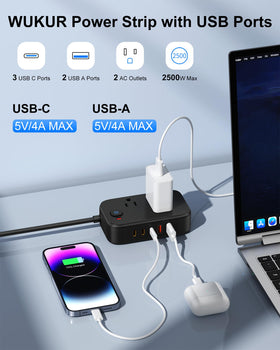 WUKUR USB-C ports on travel power strip enabling fast charging