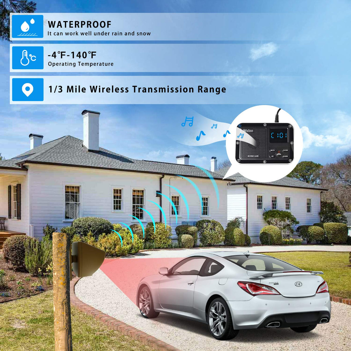 Wuloo driveway alarm receiver with clock display for clear notifications
