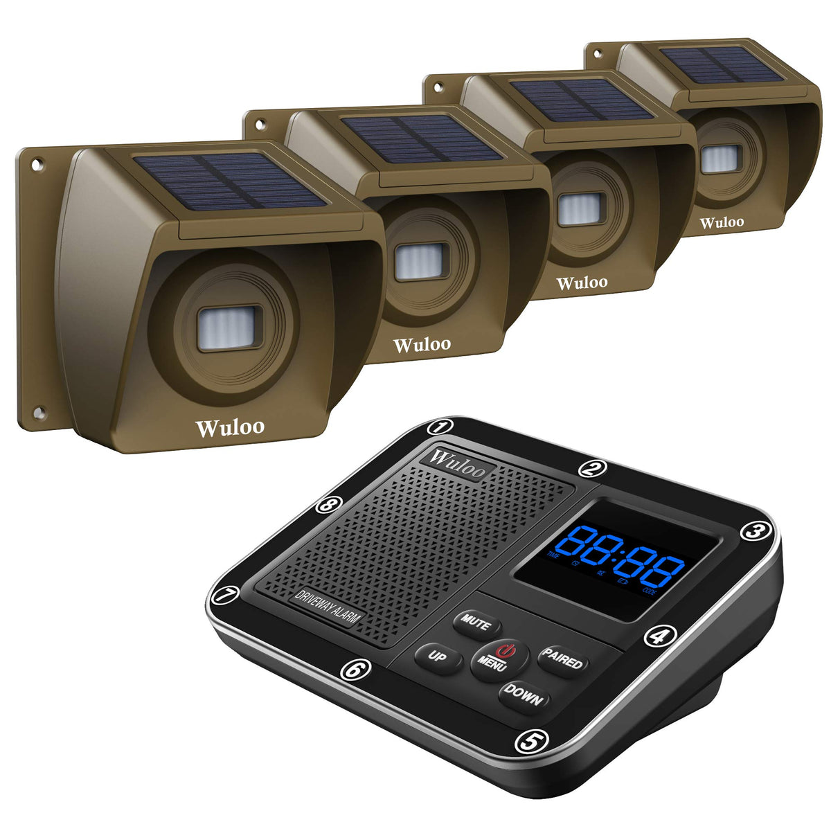 Wuloo solar driveway alarm outdoor sensor front view for reliable weatherproof monitoring