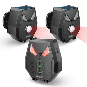 Wuloo solar driveway sensor on a tree for reliable outdoor motion detection.