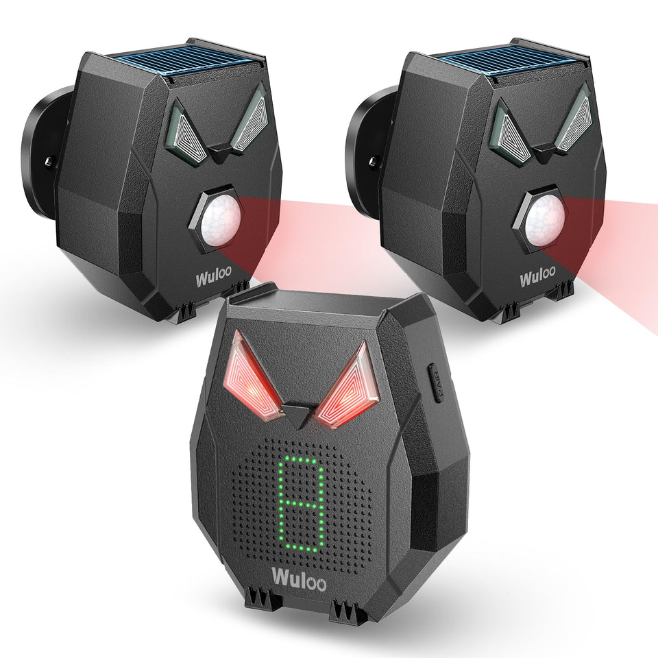 Wuloo solar driveway sensor on a tree for reliable outdoor motion detection.