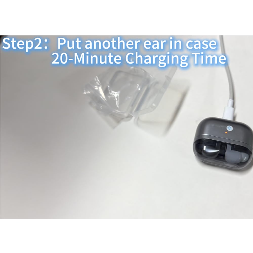 Wusheation right ear bud inside the original charging case, ready to pair