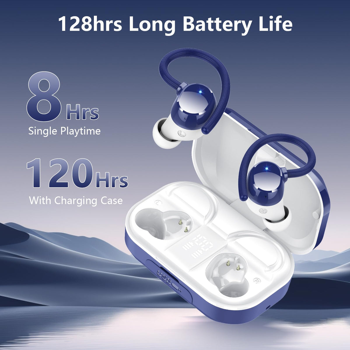 WUYI Q53 charging case LED display and ports, shows battery levels for planning