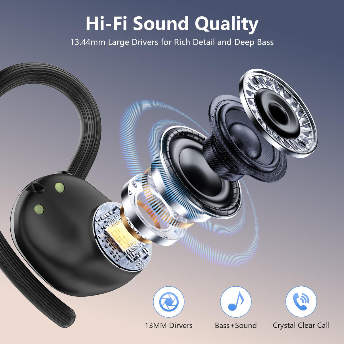 WUYI Q53 earbud close-up of 13.44mm driver for fuller bass and clarity