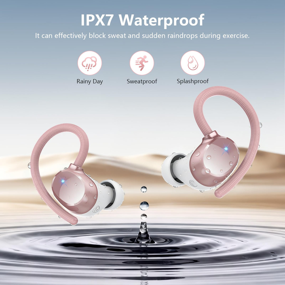 WUYI earbuds with water droplets showing IPX7 sweat and rain protection