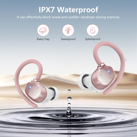 WUYI earbuds with water droplets showing IPX7 sweat and rain protection