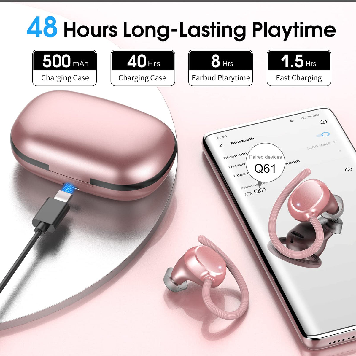 WUYI Q61 charging case LED display visible, showing battery levels for convenient planning