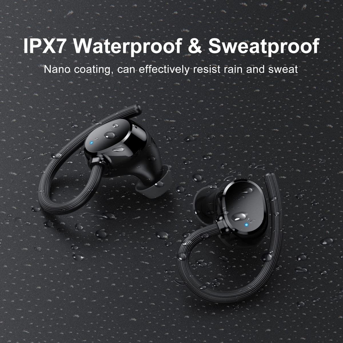 WUYI earbuds under light spray to show IP7 waterproof protection against sweat