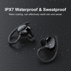 WUYI earbuds under light spray to show IP7 waterproof protection against sweat