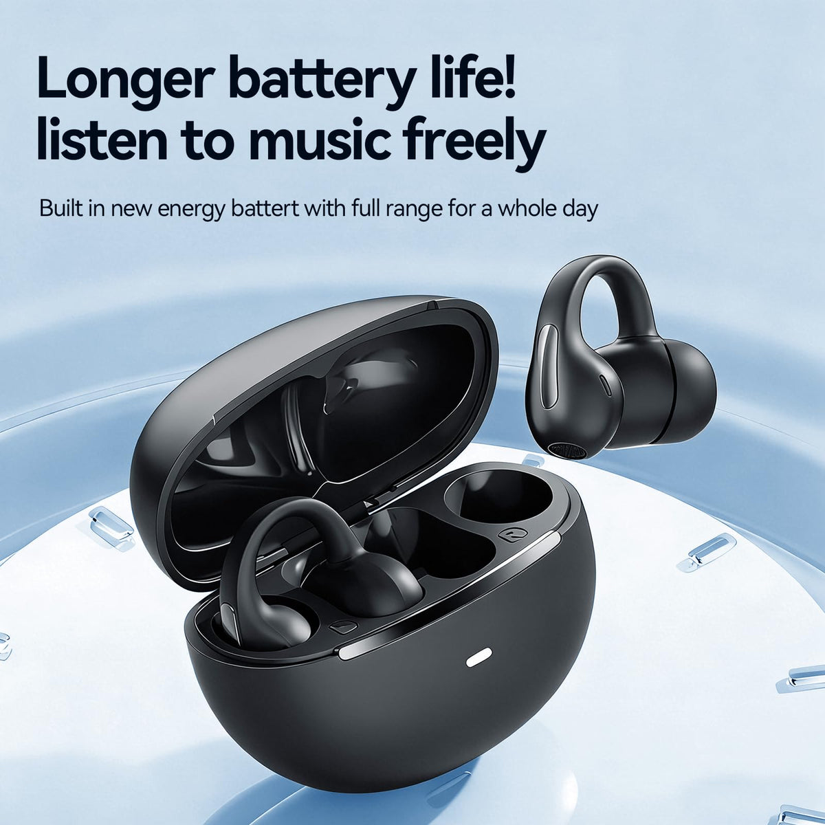 WUYUEGE earbuds showing ergonomic earhook for secure, comfortable wear.