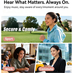 WUYUEGE earbuds worn with glasses, illustrating glasses-friendly comfort