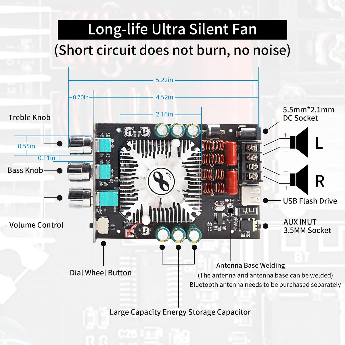 Close-up of TDA7498E chip on Wuzhi Audio board highlighting high-fidelity core