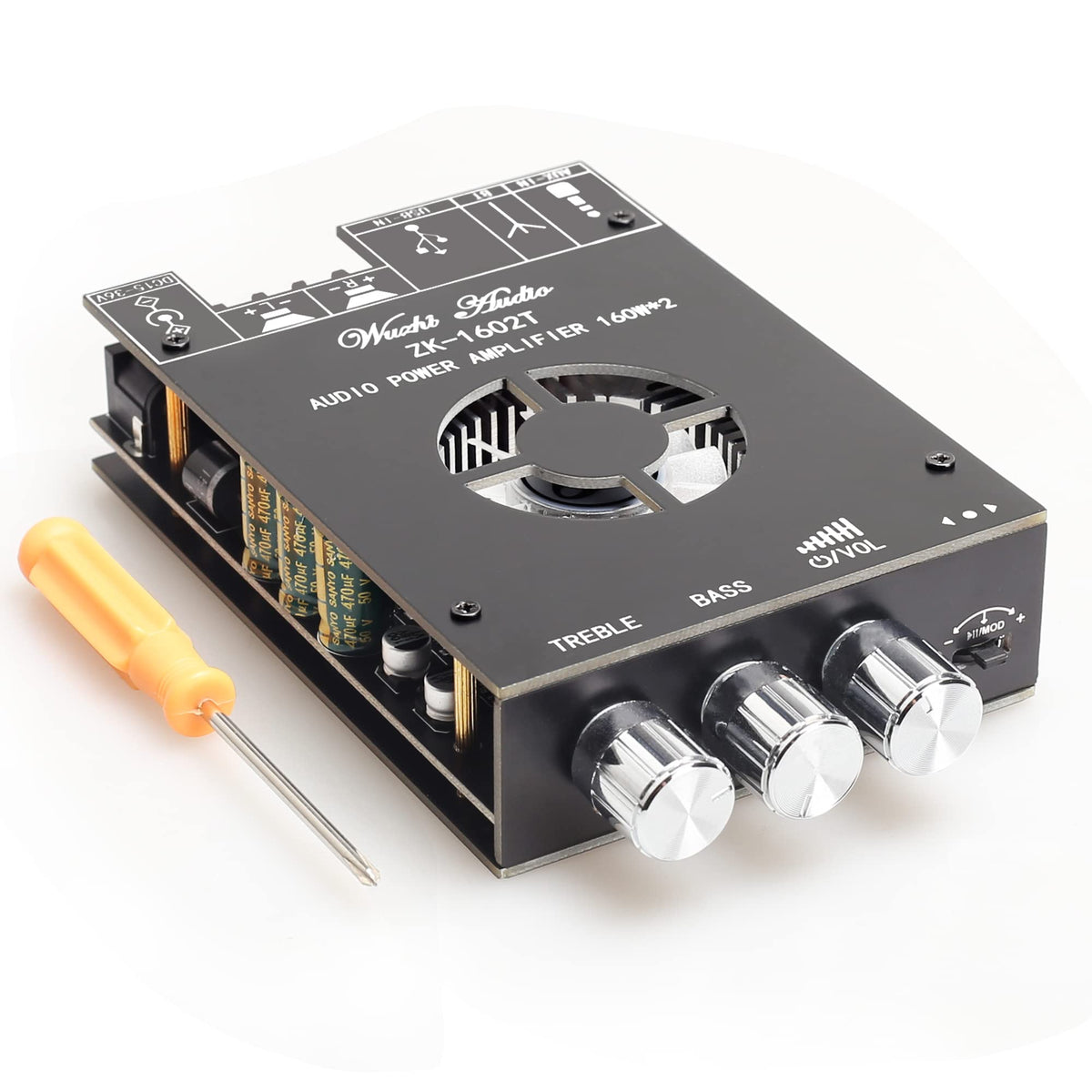 Wuzhi Audio front panel view showing ports and controls for easy installation