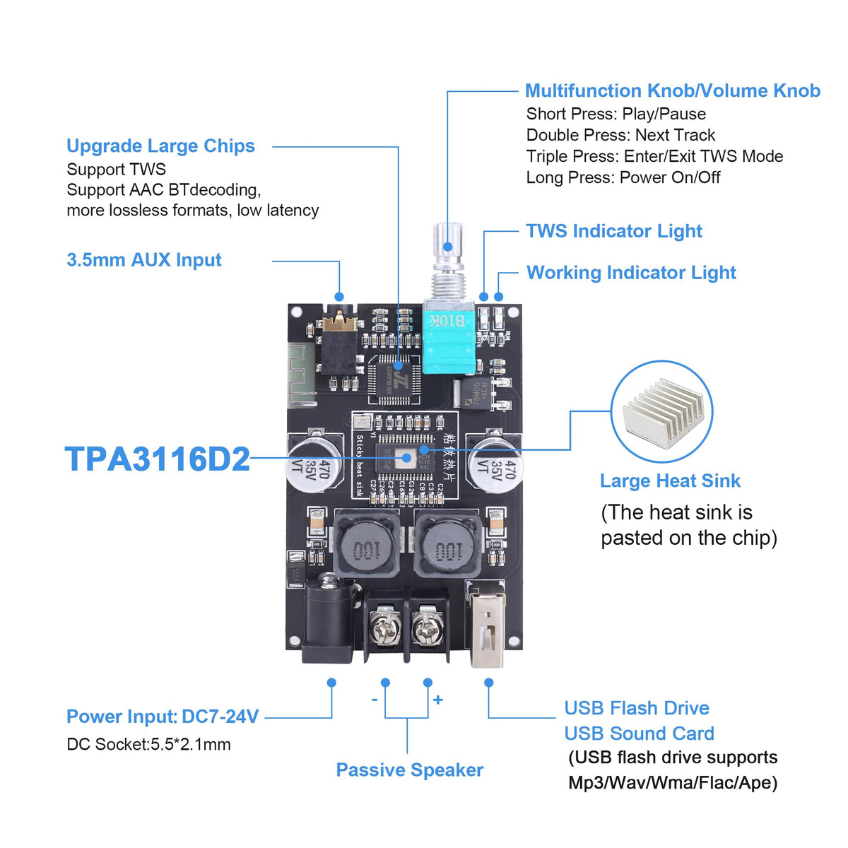 Wuzhi Audio close-up of TPA3116D2 chip and components highlighting reliable audio core