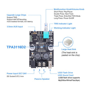 Wuzhi Audio close-up of TPA3116D2 chip and components highlighting reliable audio core