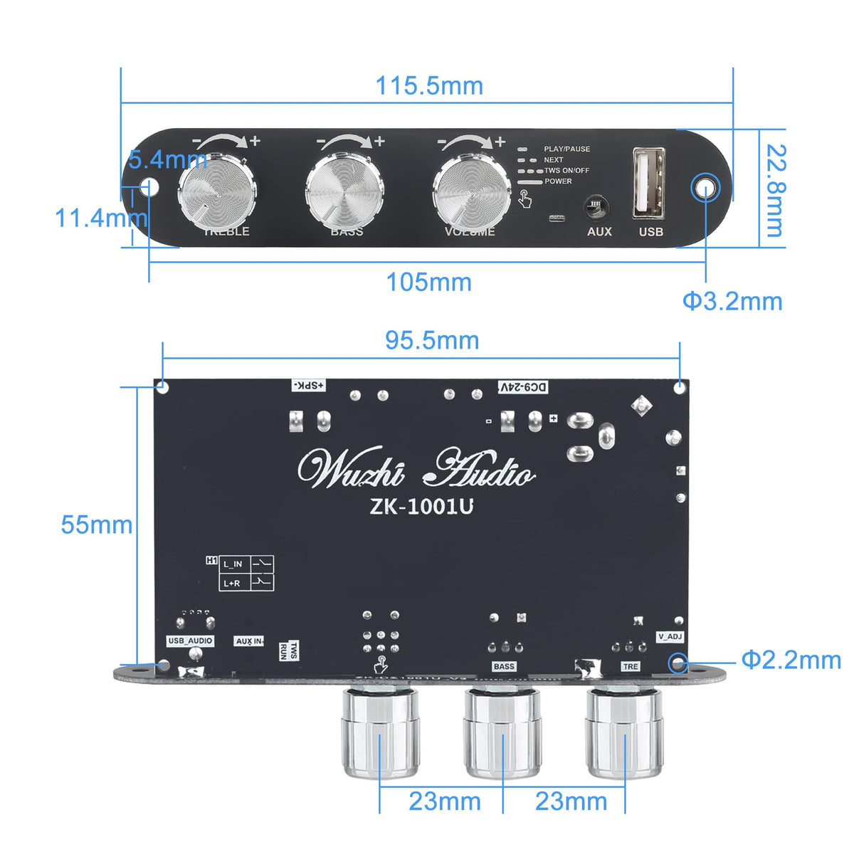 Wuzhi Audio ZK-1001U vehicle-ready input supports 9-24V power range