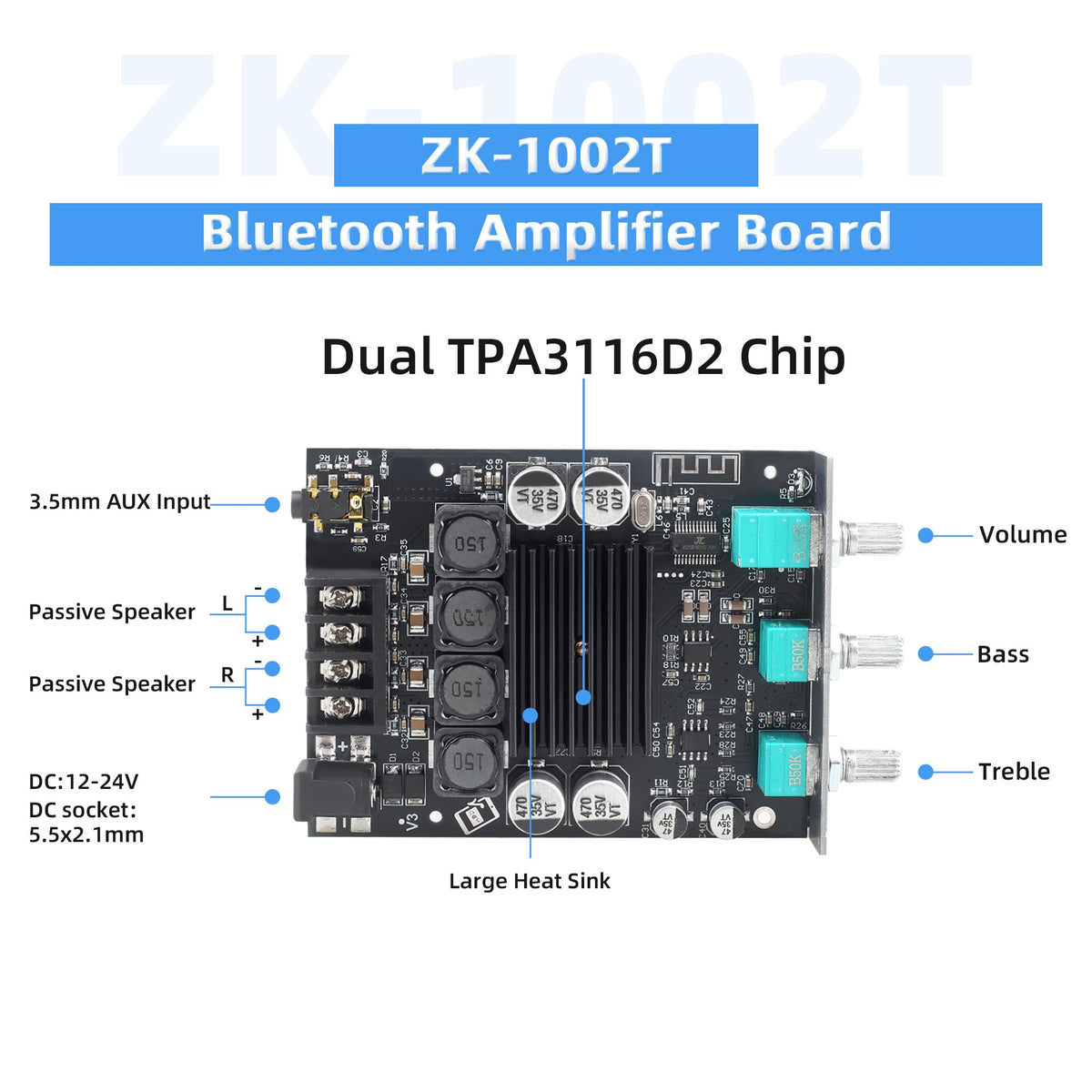 Wuzhi Audio ZK-1002T three knobs for bass, treble, and volume control