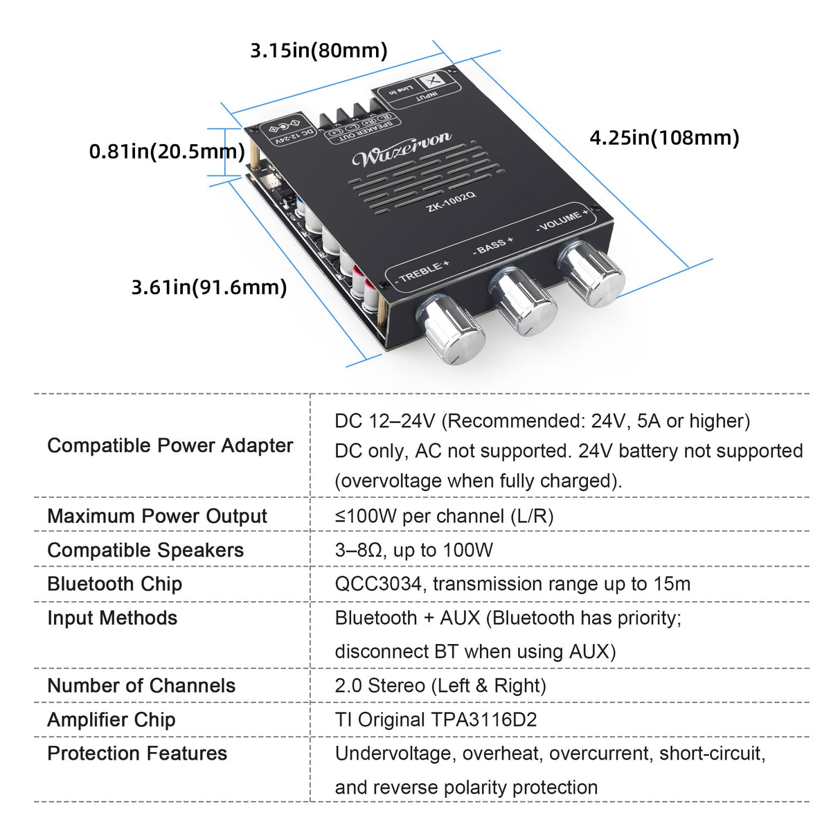 Wuzhi Audio AUX and RCA inputs view showing connectivity options for wired sources