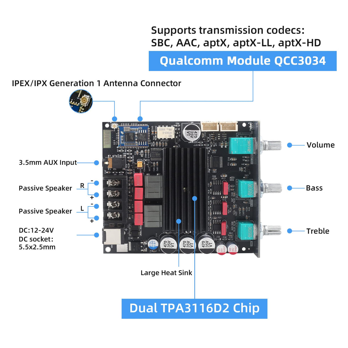 Wuzhi Audio TPA3116D2 chip close-up highlighting high-power, low-distortion amplification