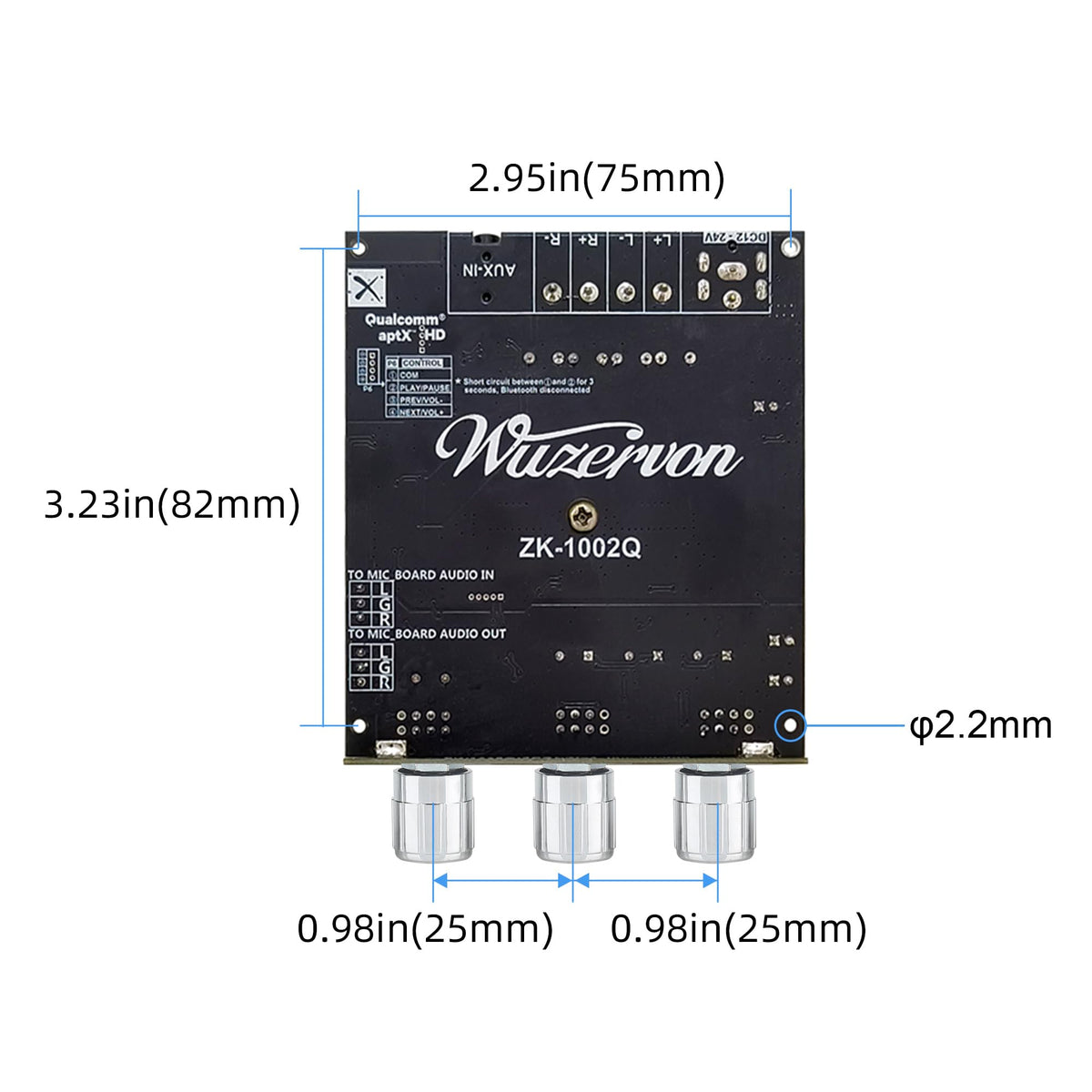 Wuzhi Audio ZK-1002Q size comparison with ruler showing compact footprint and mounting