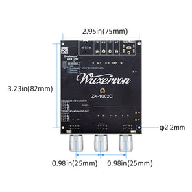 Wuzhi Audio ZK-1002Q size comparison with ruler showing compact footprint and mounting