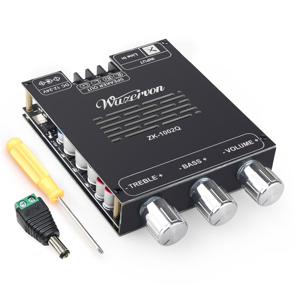 Wuzhi Audio ZK-1002Q front board view showing ports and layout for easy installation