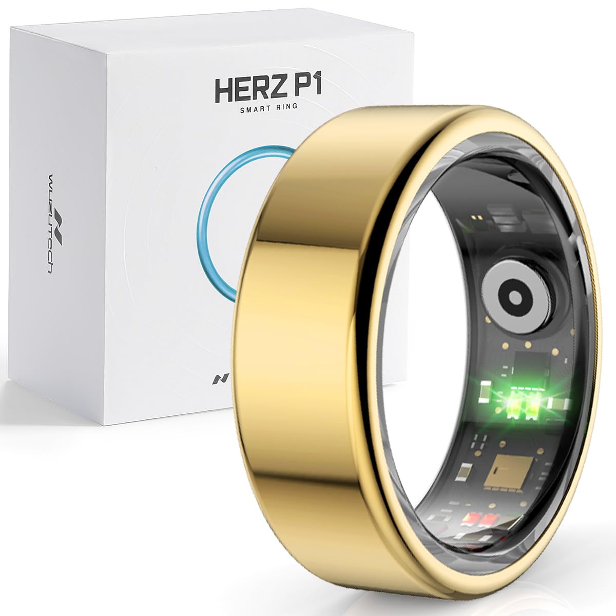 WuzuTech Herz P1 ring on finger displaying biometric data for wellness insight.