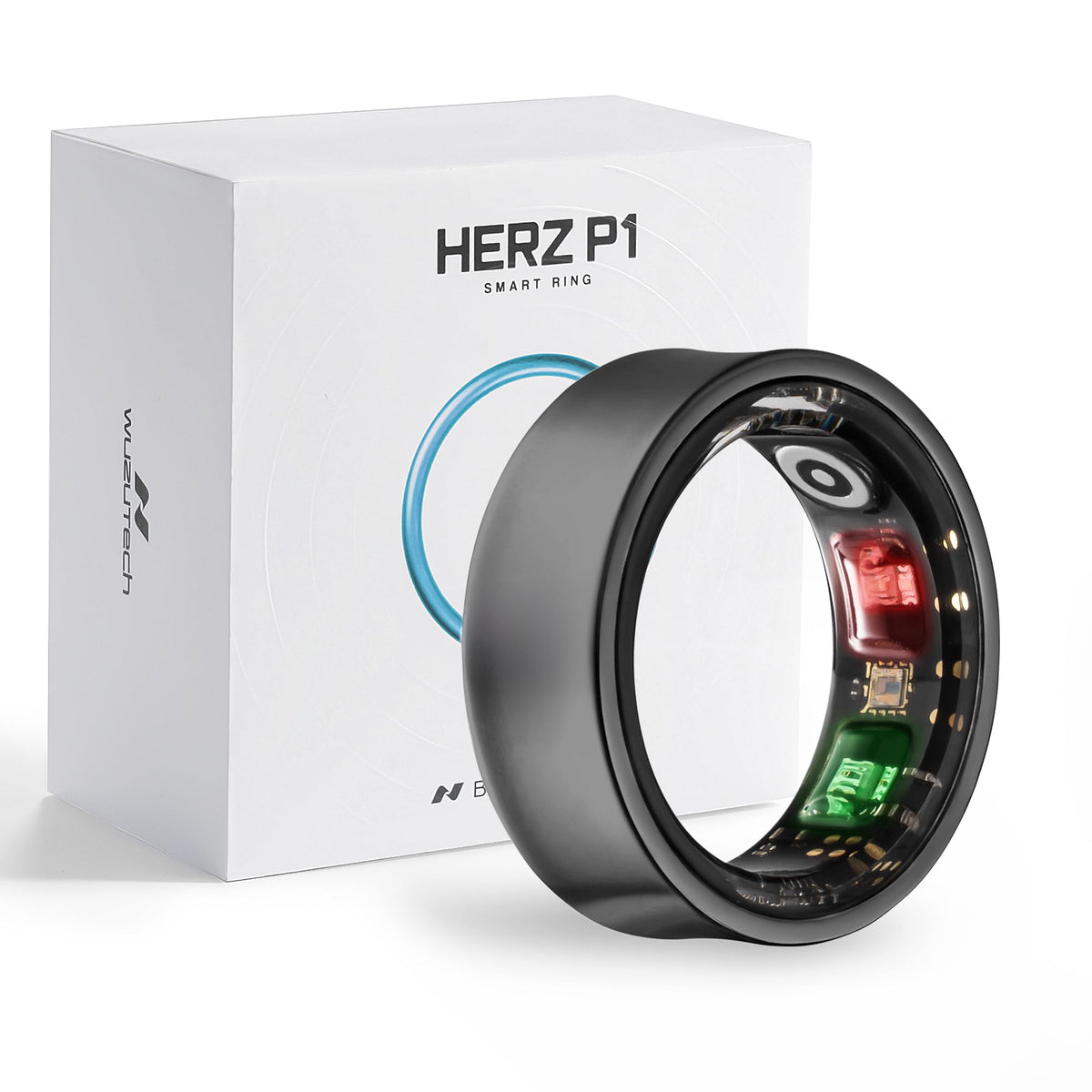 WuzuTech Herz P1 ring on finger monitors heart rate in real time for wellness insights.
