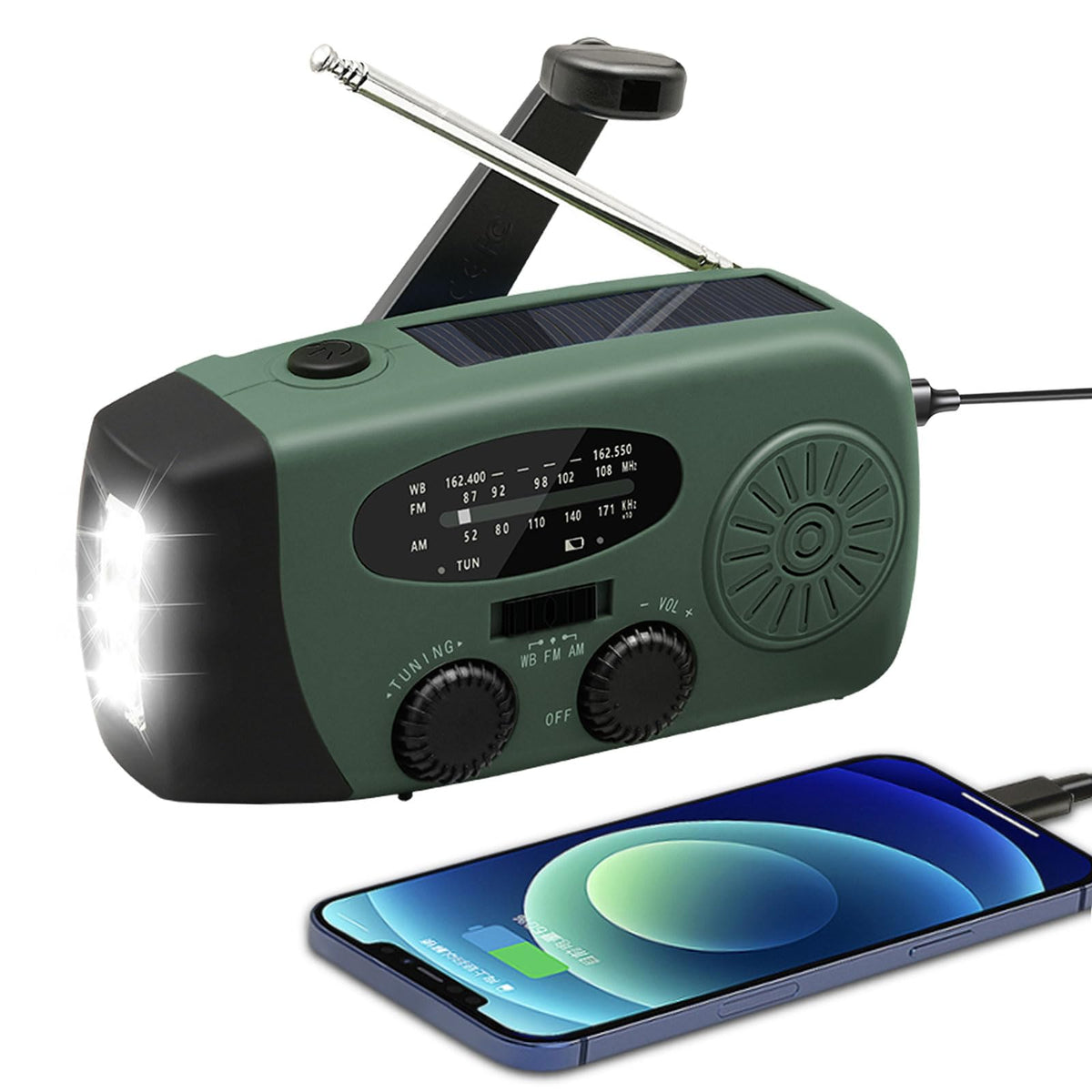 WVL emergency radio front view showing controls and benefit of instant weather access