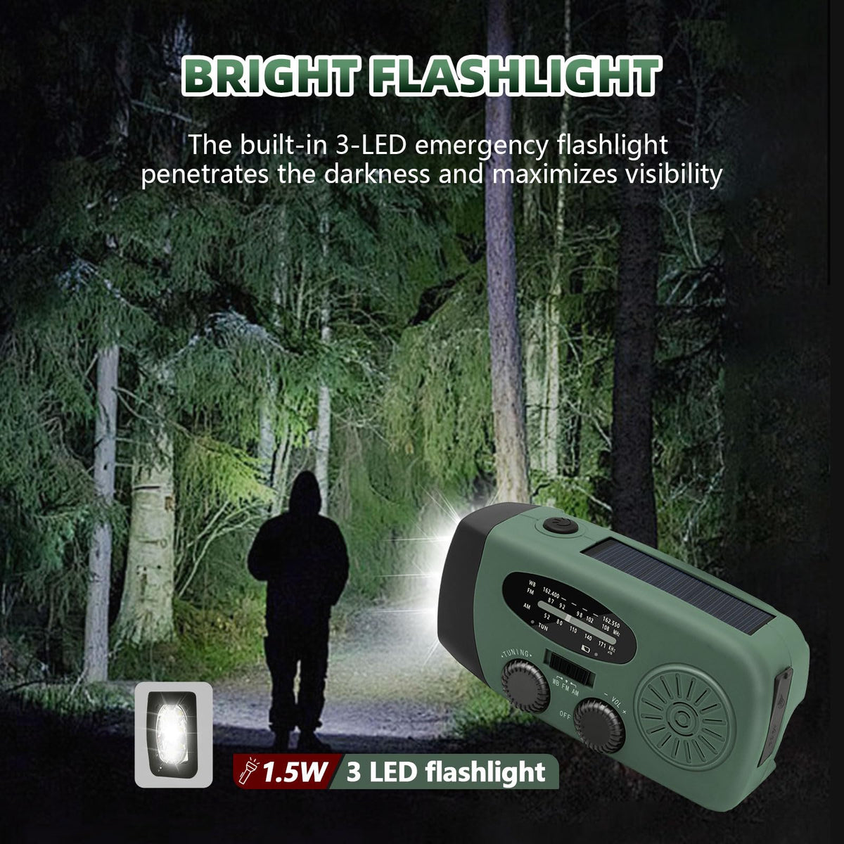 WVL radio solar panel closeup highlighting brand and renewable charging benefit