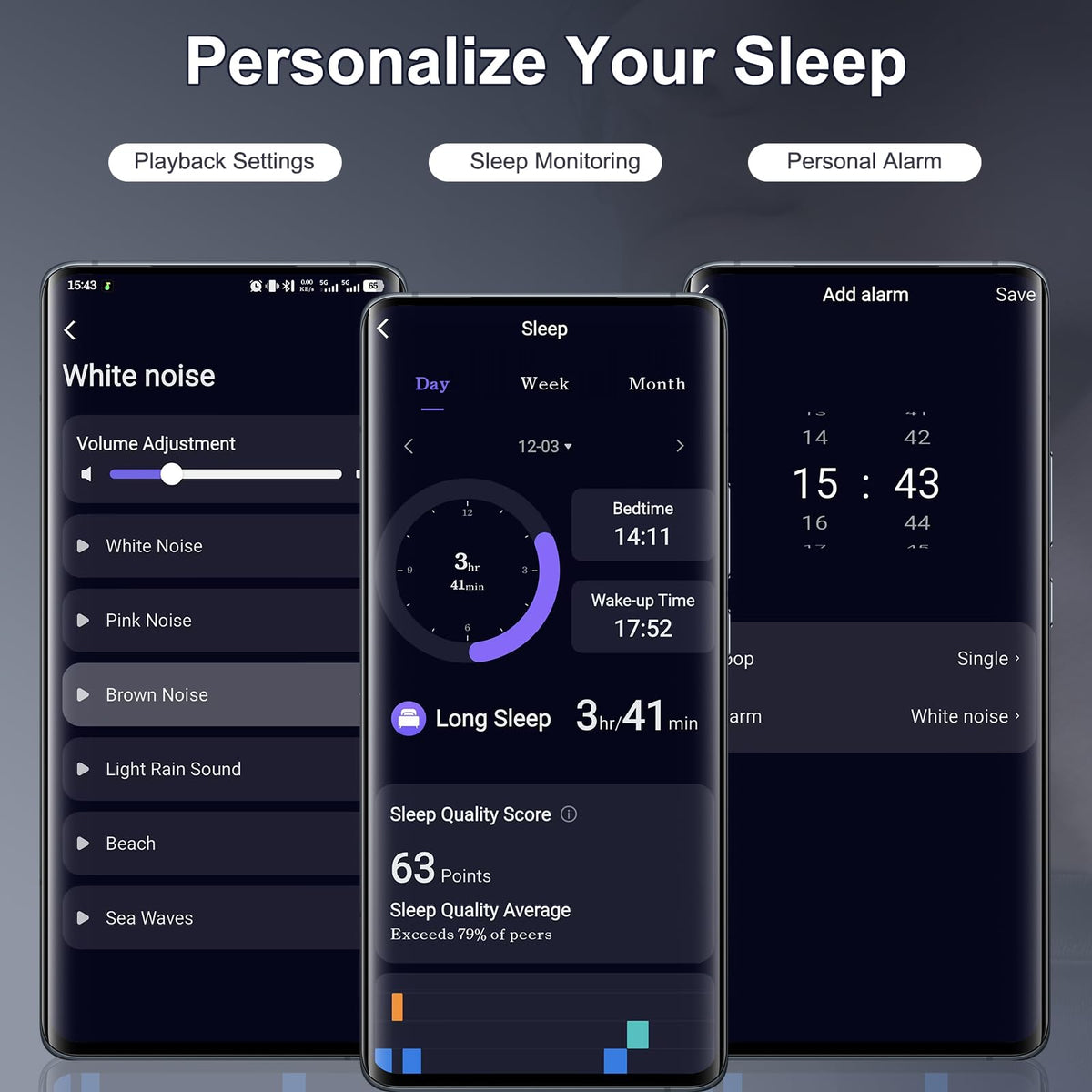 WXQZXO app sleep tracking screen, displays detailed sleep insights