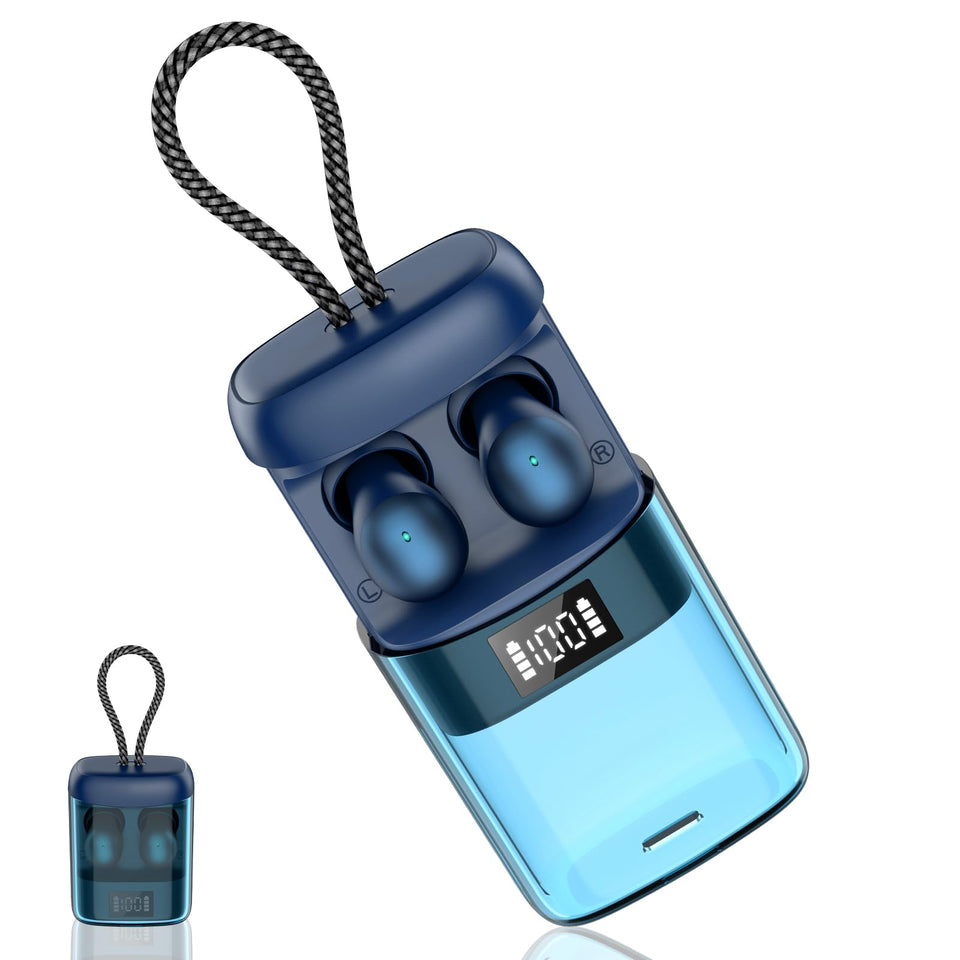 WXQZXO front packaging showing earbuds and charging case, highlights portability