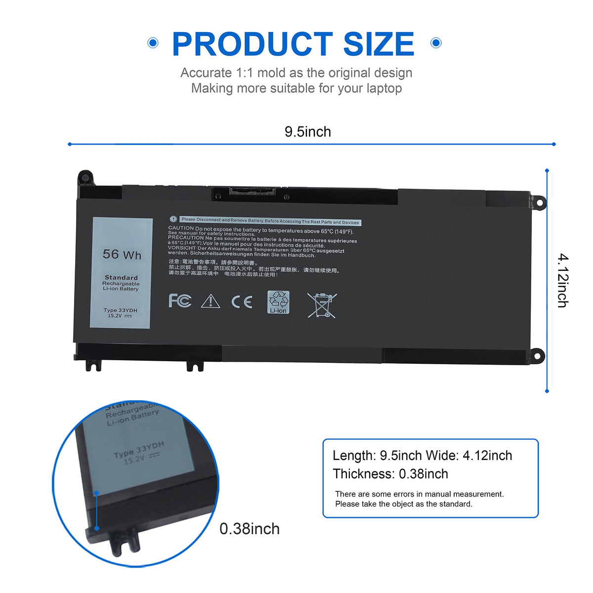 Wymisnit 56Wh Dell G-series side view battery for reliable gaming performance.