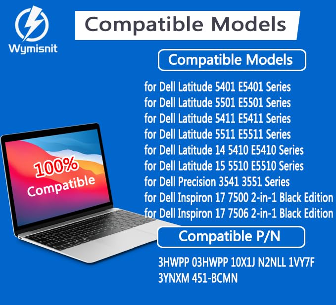 Wymisnit 68Wh battery for Dell Latitude 5501/5511 extends laptop uptime during meetings.