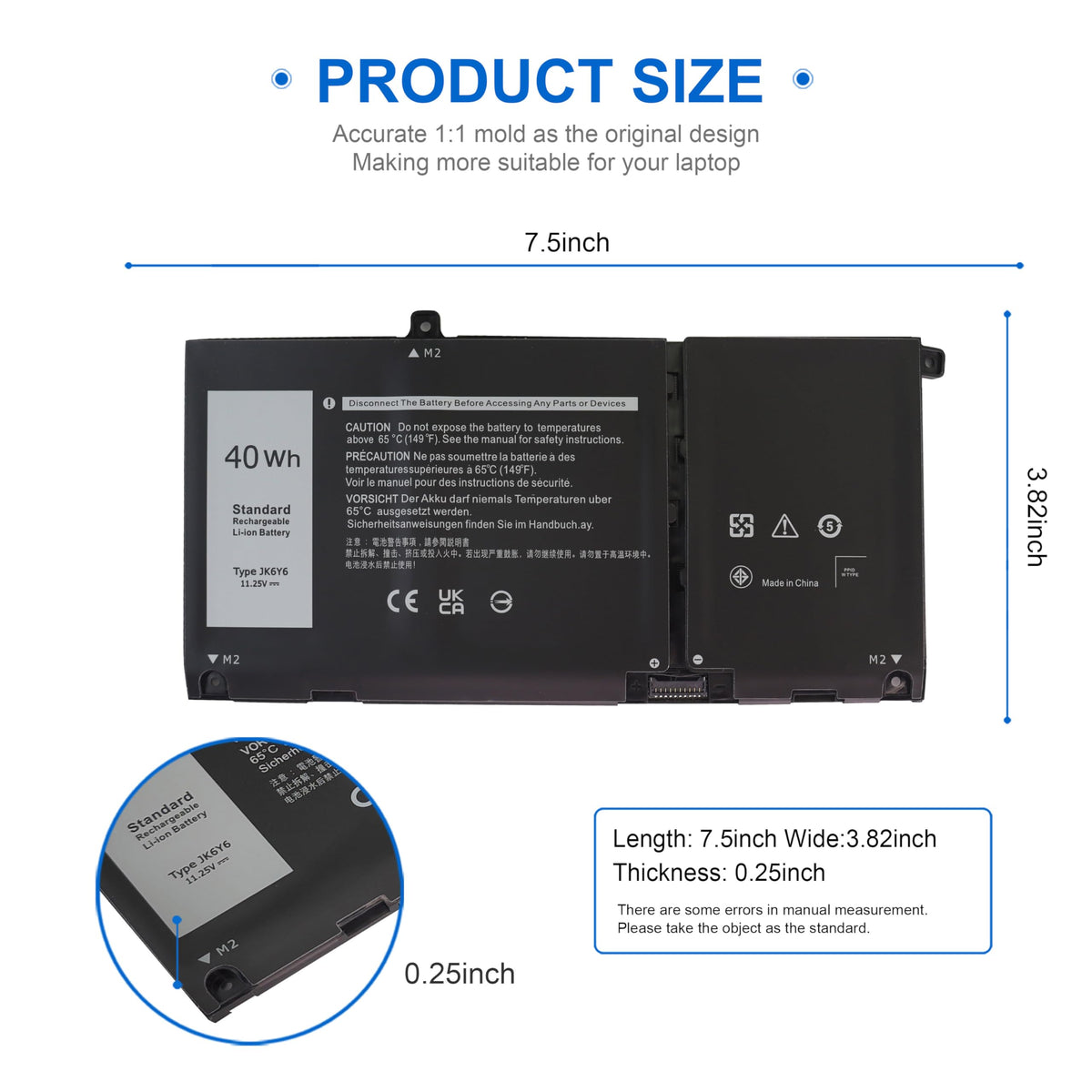 Close-up of 40Wh JK6Y6 battery highlighting portable 3-cell design