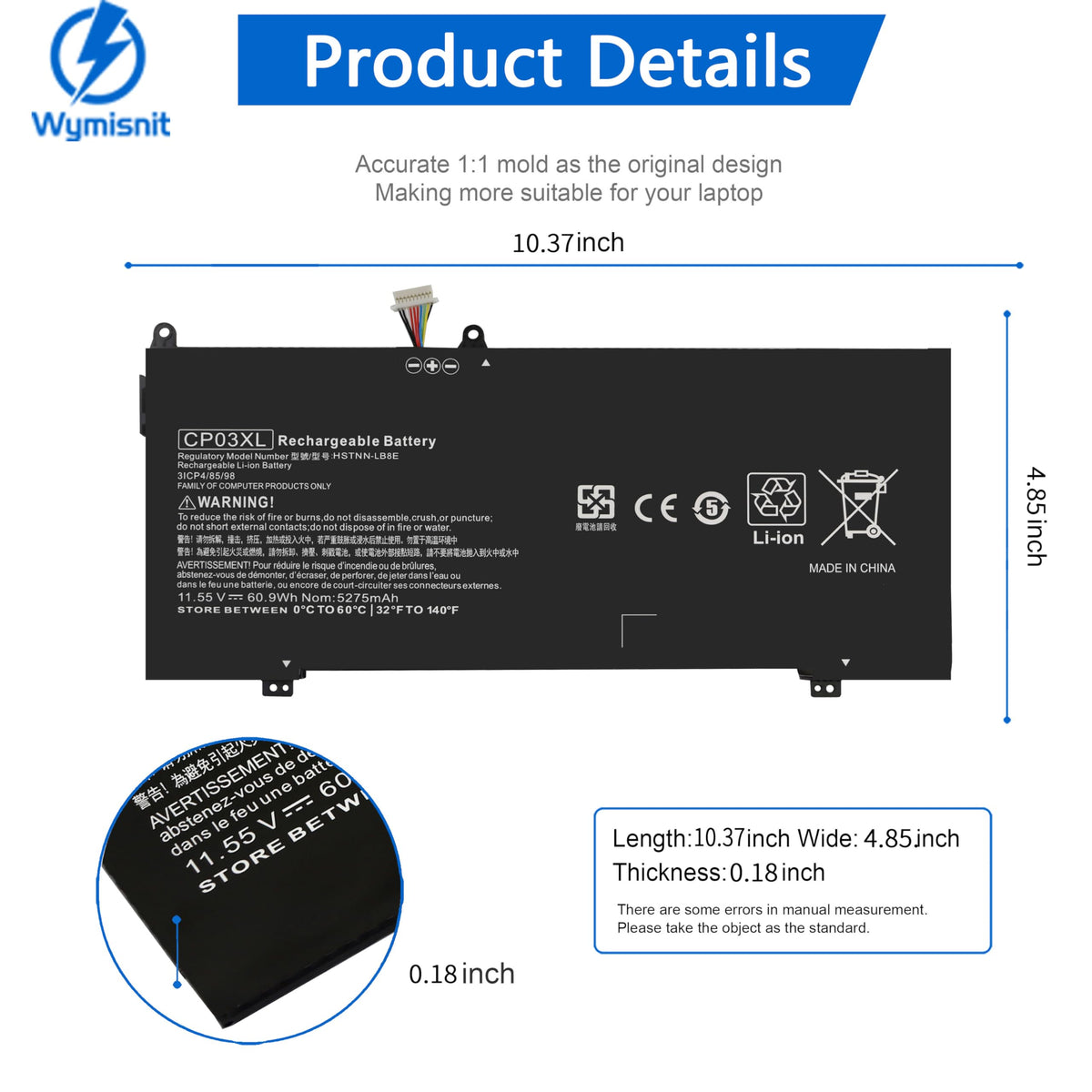 CP03XL battery 11.55V 60.9Wh for HP Spectre X360 enables longer unplugged sessions.