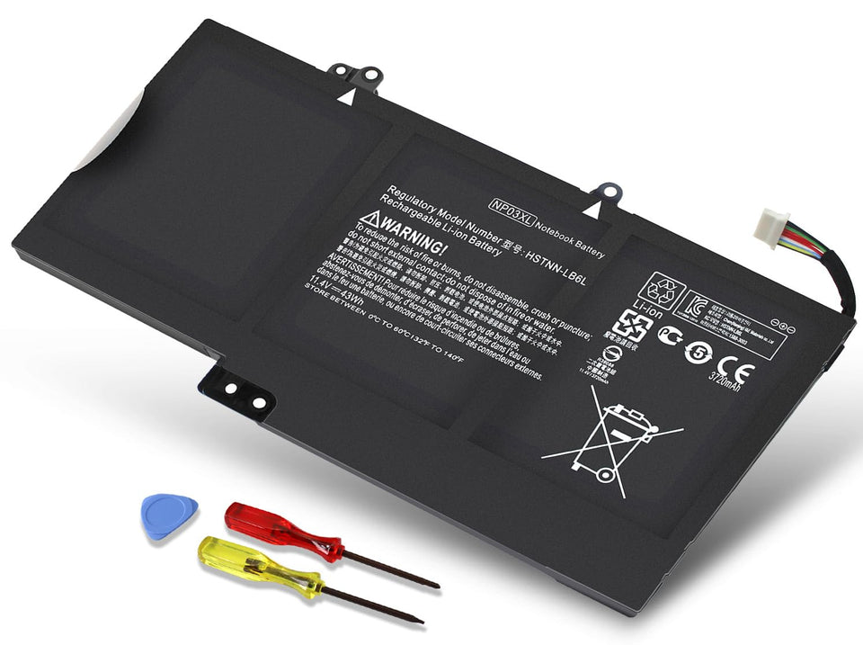 Wymisnit NP03XL front packaging showing battery and included screwdrivers for easy swap