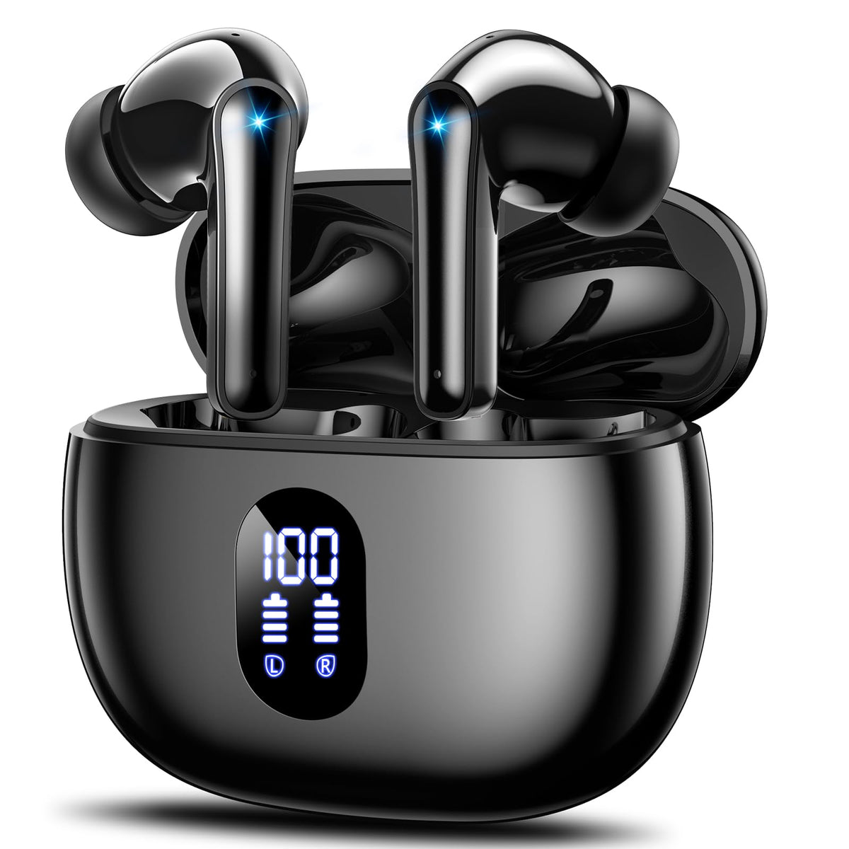 Wyness wireless earbuds with LED display showing battery level for all-day listening.