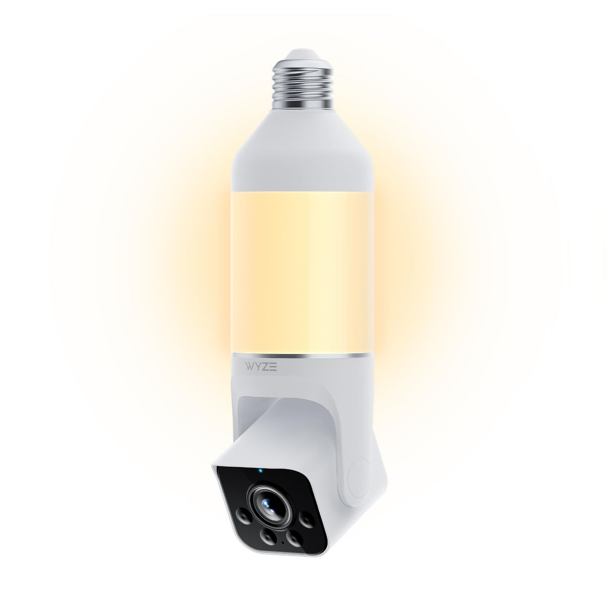 WYZE front view of the bulb cam showing camera and bulb benefits