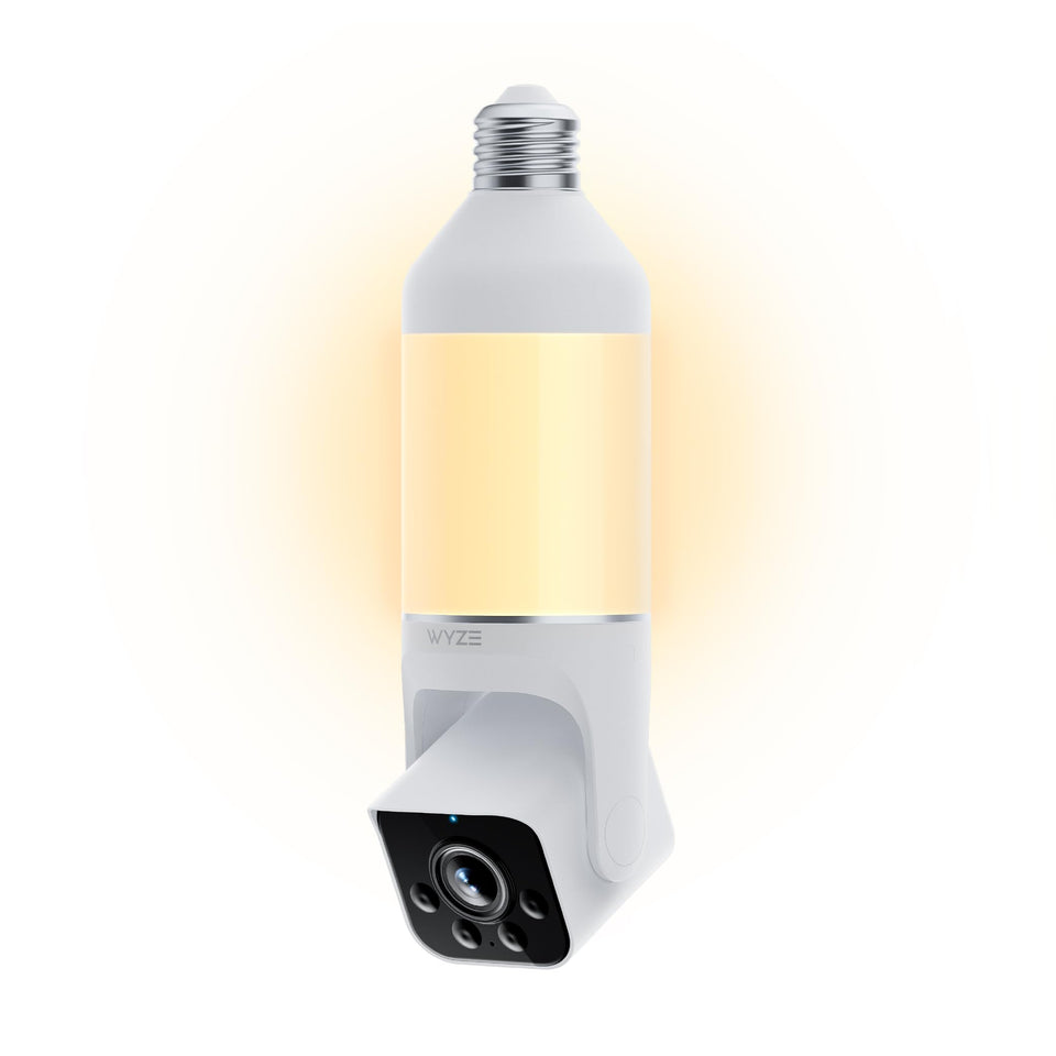 WYZE front view of the bulb cam showing camera and bulb benefits