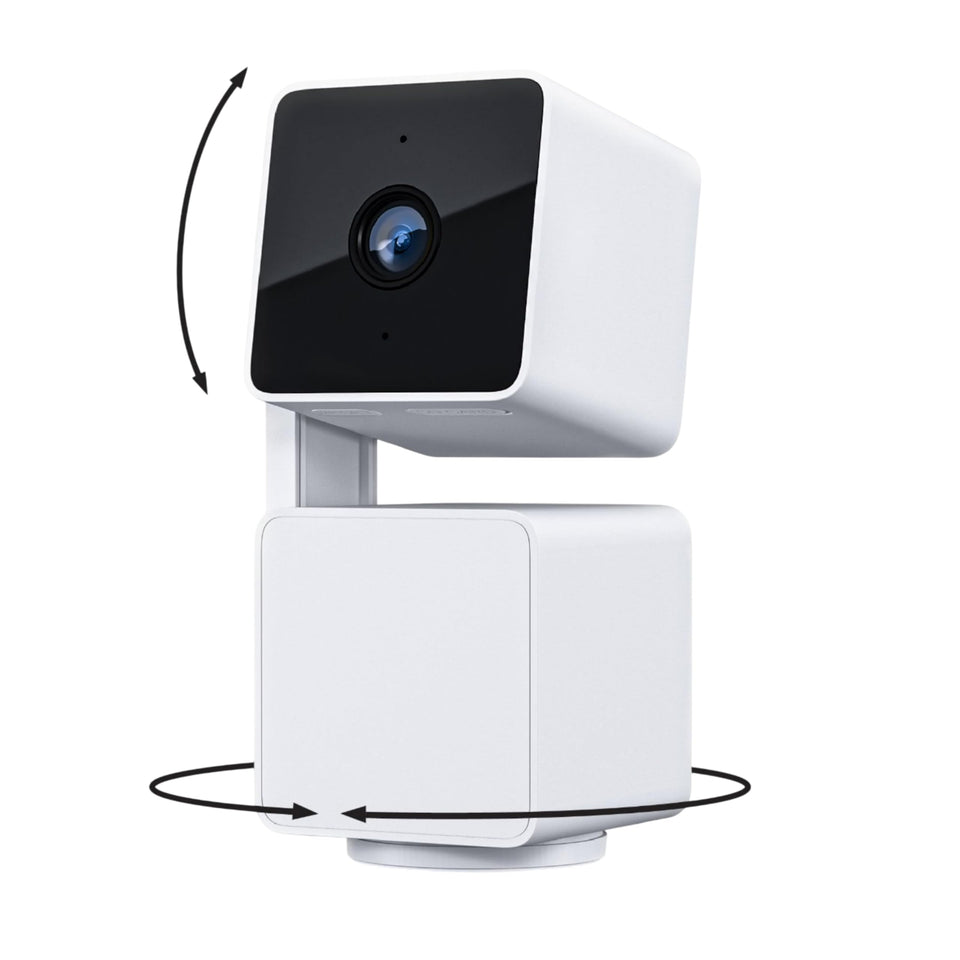 WYZE Cam Pan v3 front view showing weatherproof housing and lens benefits
