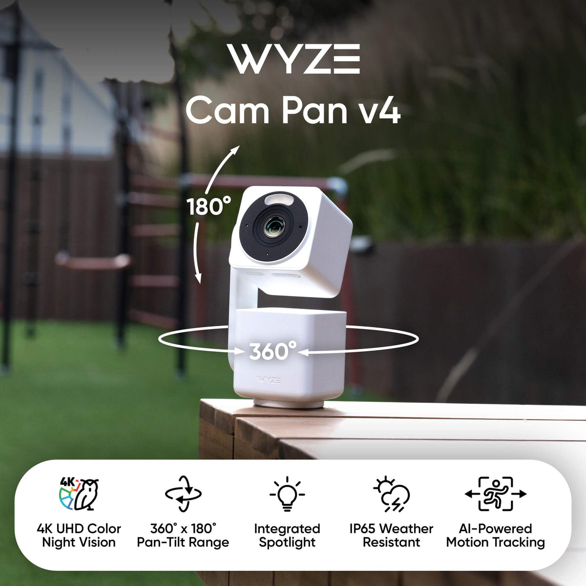 WYZE Cam Pan v4 side-mounted on exterior wall illustrating weatherproof outdoor benefit
