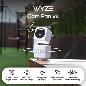 WYZE Cam Pan v4 side-mounted on exterior wall illustrating weatherproof outdoor benefit