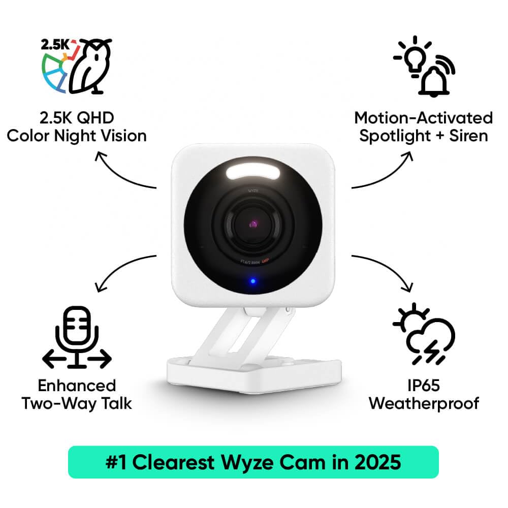WYZE Cam v4 mounted on exterior wall illustrating weather resistance and sturdy installation