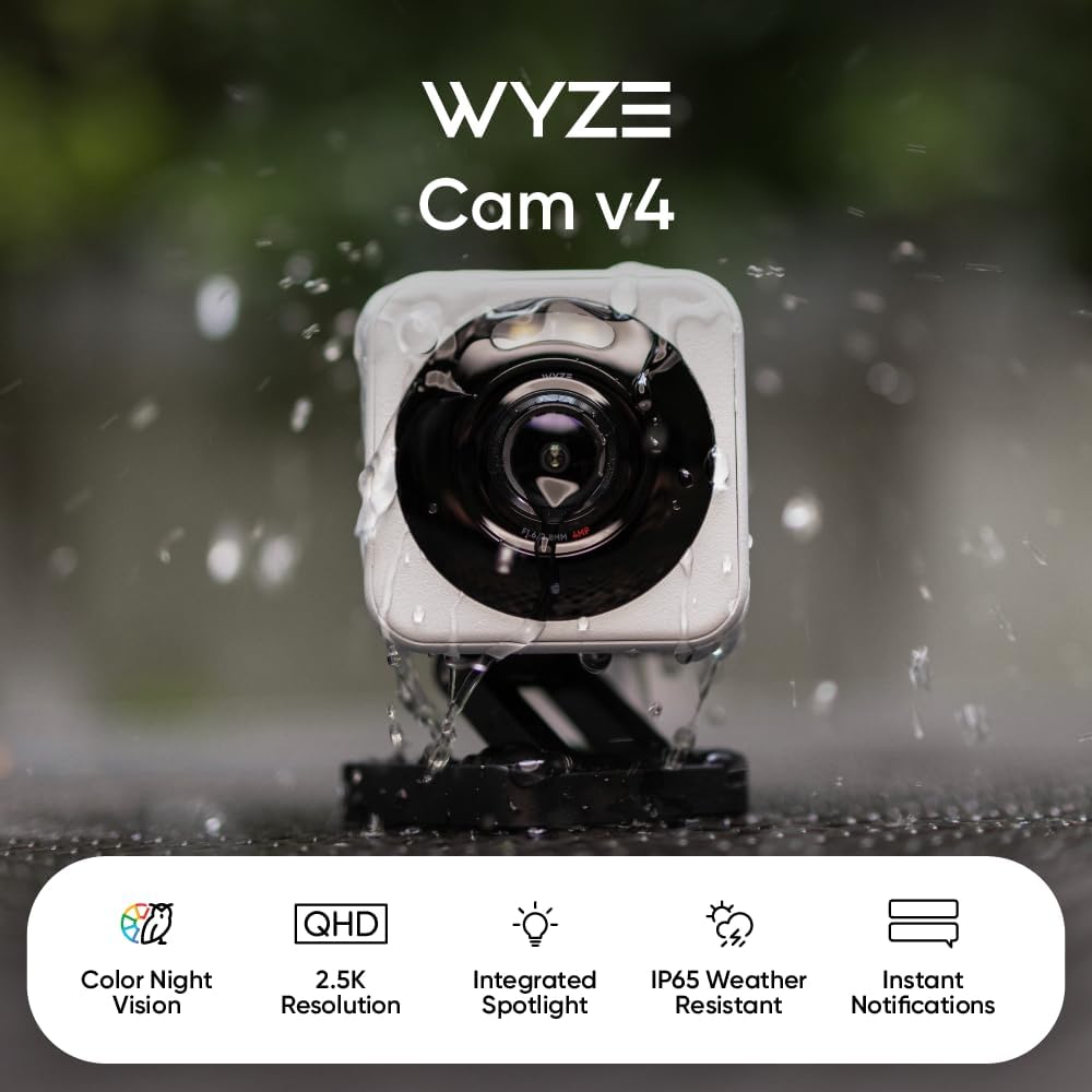 WYZE Cam v4 side mount detail with bracket, shows secure installation benefit