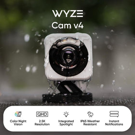 WYZE Cam v4 side mount detail with bracket, shows secure installation benefit