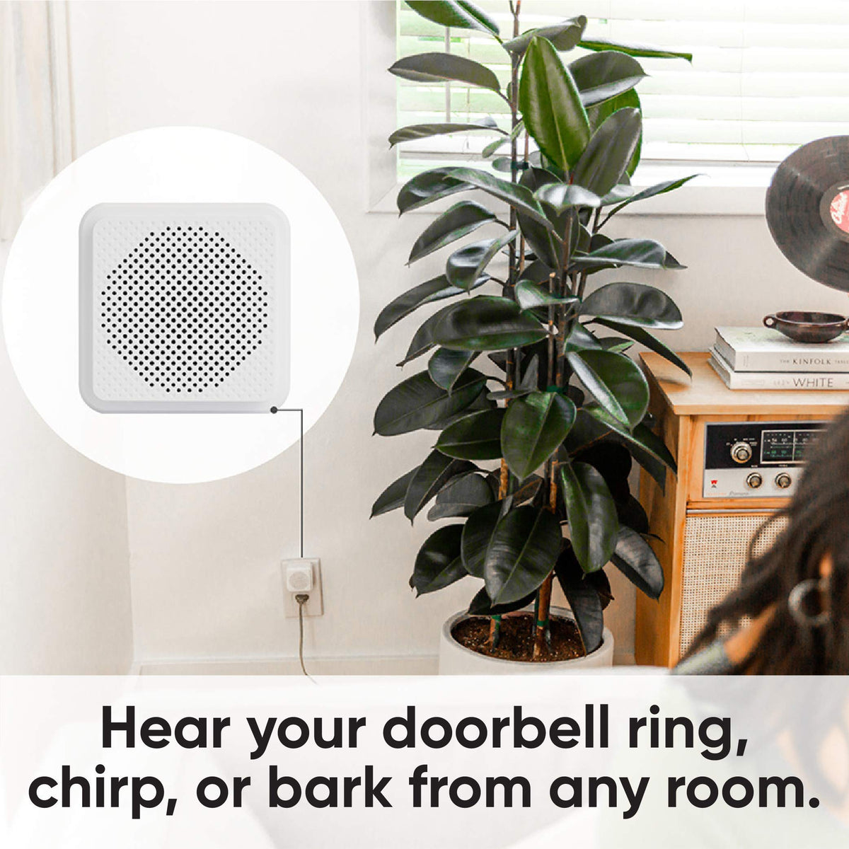 WYZE included chime on shelf, ensures audible alerts throughout home