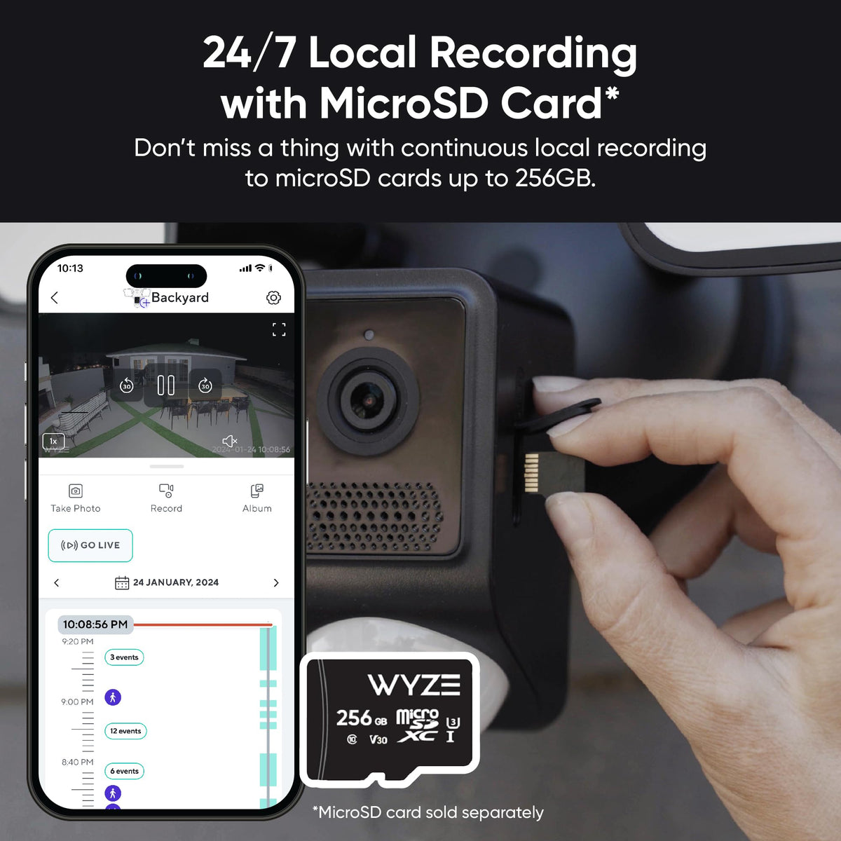 WYZE Floodlight Camera v2 24/7 local recording stores footage on microSD cards