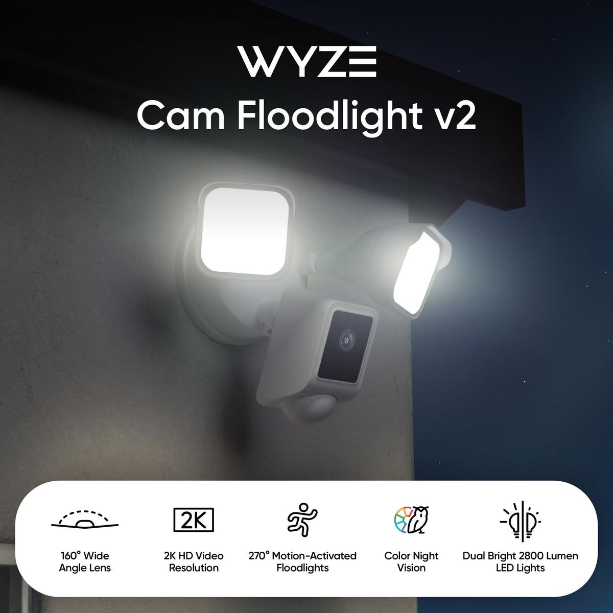WYZE Floodlight Camera v2 side angle demonstrates 2800 lumens of motion-activated lighting